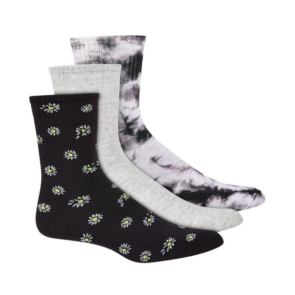 Jenni Women's 3pk Daisy & Tie-Dyed Crew Socks, Grey, 9-11